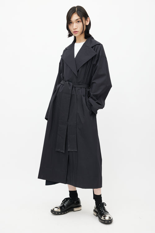 Pleats Please Issey Miyake Black Nylon Trench Belted Coat