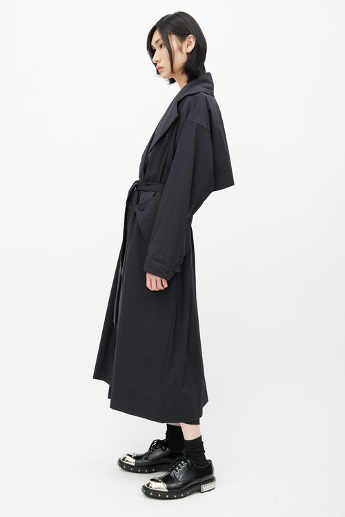 Pleats Please Issey Miyake Black Nylon Trench Belted Coat