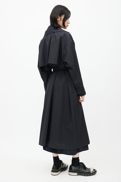 Pleats Please Issey Miyake Black Nylon Trench Belted Coat