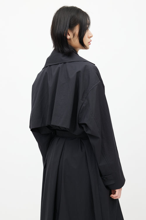 Pleats Please Issey Miyake Black Nylon Trench Belted Coat