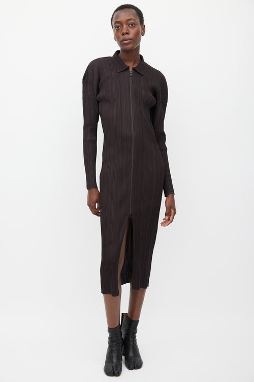 Pleats Please Issey Miyake Dark Brown Plisse Zip Dress