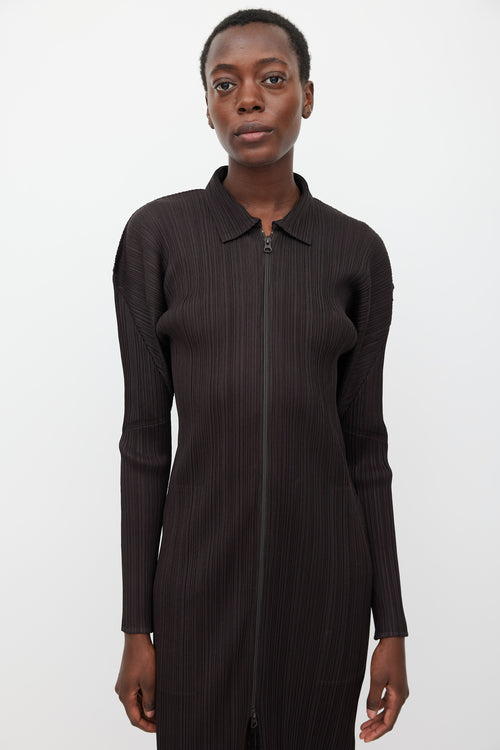 Pleats Please Issey Miyake Dark Brown Plisse Zip Dress