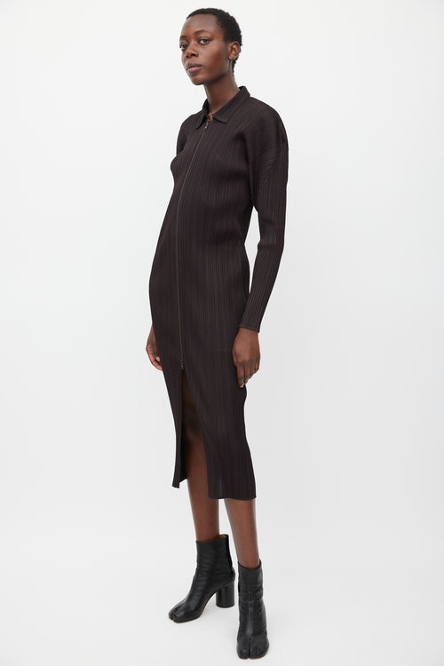 Pleats Please Issey Miyake Dark Brown Plisse Zip Dress