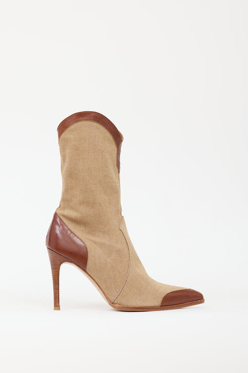 Plein Sud Brown 
Beige Denim 
Leather Western Boot