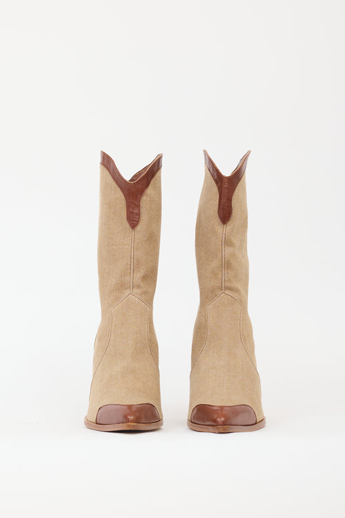 Plein Sud Brown 
Beige Denim 
Leather Western Boot