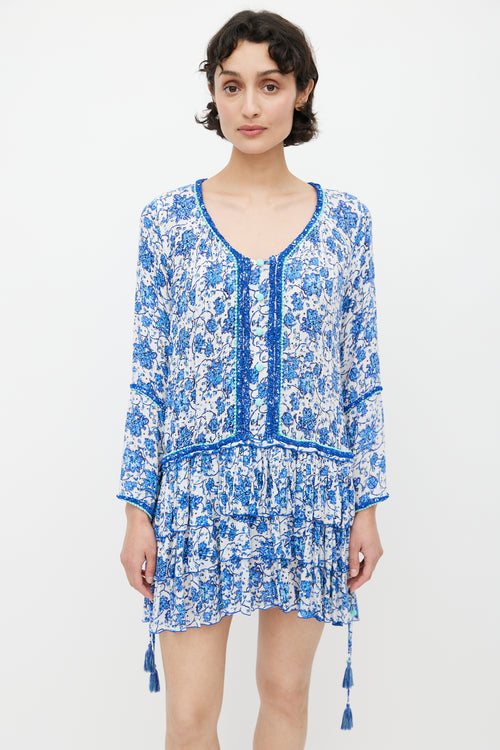 Poupette St. Barth Blue 
Multicolour Floral Tiered Dress