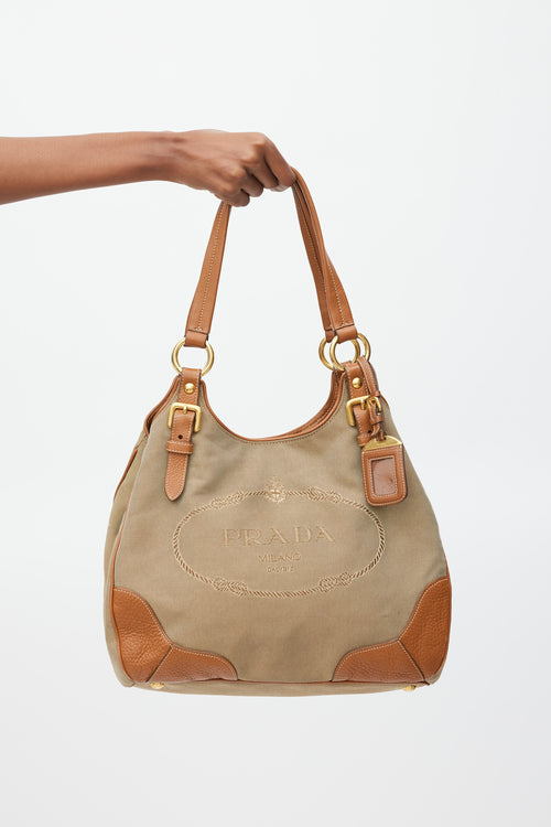 Prada 2006 Brown 
Gold Leather Jacquard Logo Bag