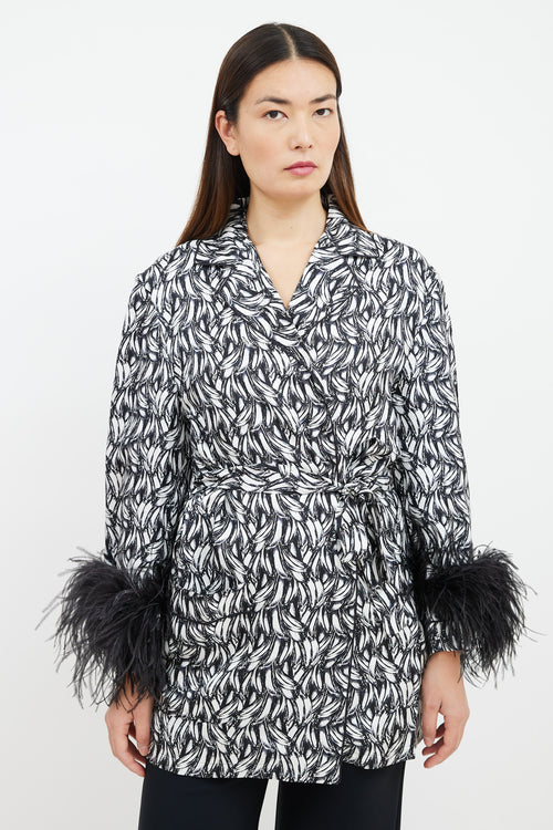 Prada 2018 Black 
White Printed Feather Trim Robe