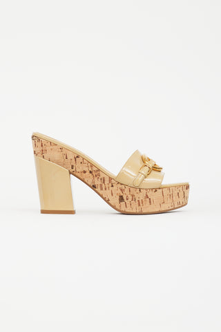 Prada Beige Patent Leather Cork Heeled Sandal