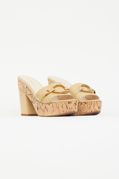 Prada Beige Patent Leather Cork Heeled Sandal