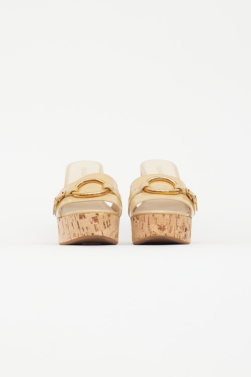 Prada Beige Patent Leather Cork Heeled Sandal