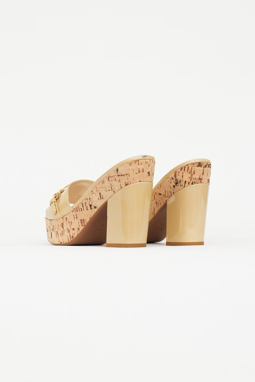 Prada Beige Patent Leather Cork Heeled Sandal