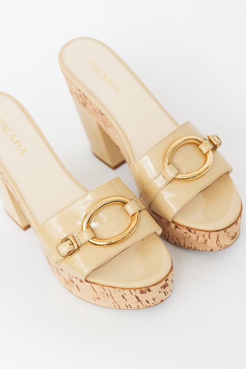 Prada Beige Patent Leather Cork Heeled Sandal