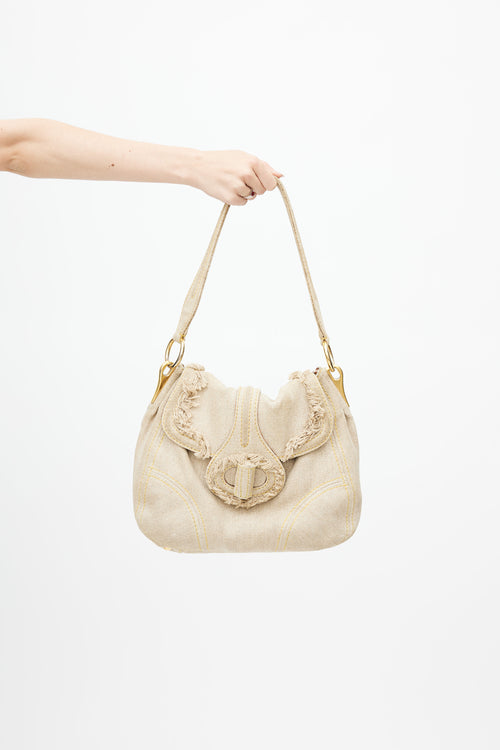 Prada Beige Pattina Sottospalla Fringe Linen Shoulder Bag