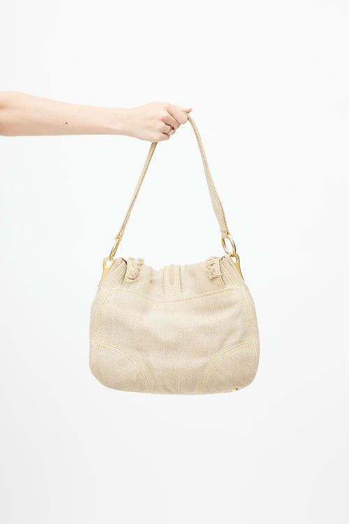 Prada Beige Pattina Sottospalla Fringe Linen Shoulder Bag