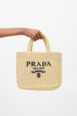 Prada Beige 
Navy Raffia Woven Tote