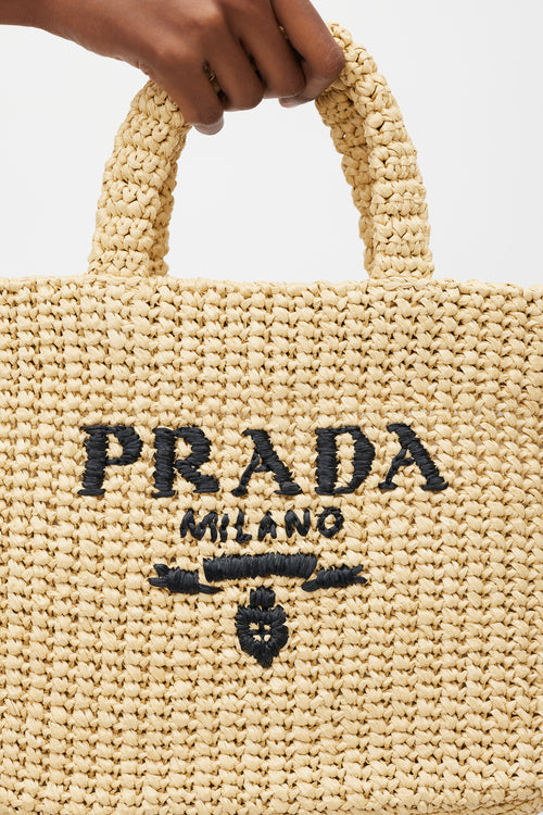 Prada Beige 
Navy Raffia Woven Tote