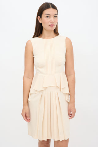 Prada Beige Silk Pleated Front Peplum Midi Dress