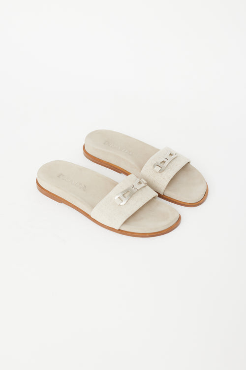 Prada Beige 
Silver Buckle Slide