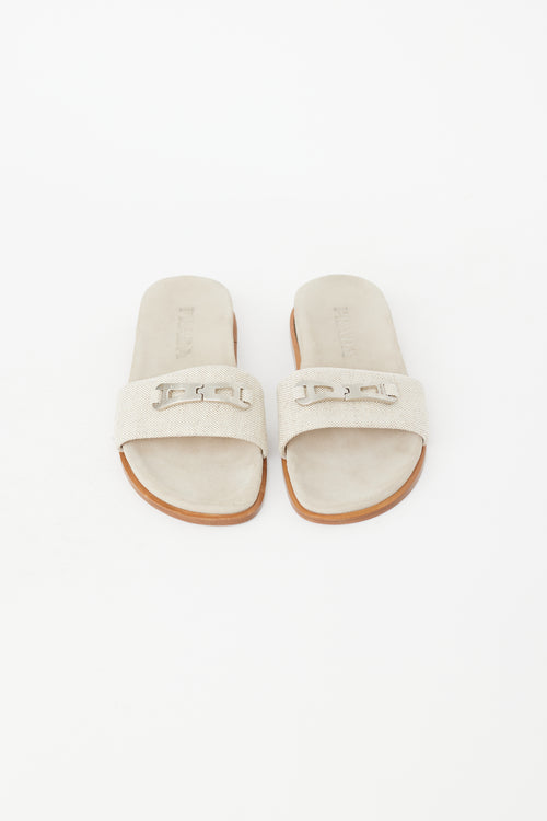 Prada Beige 
Silver Buckle Slide