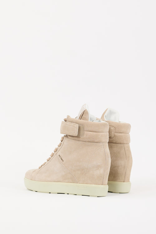 Prada Beige Suede High Top Wedge Sneaker