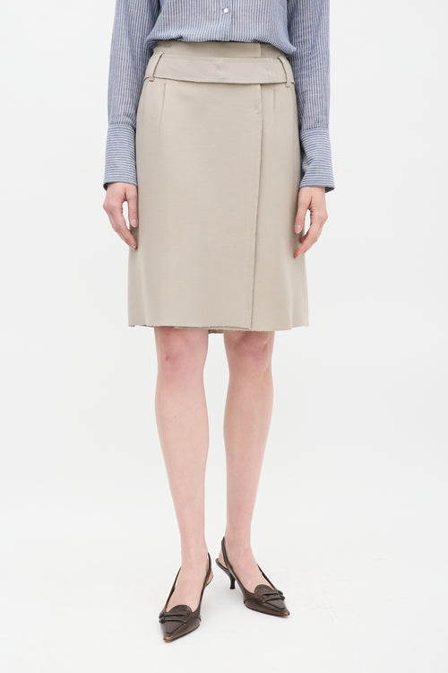 Prada Beige Wool Tacked Pleat Midi Wrap Skirt