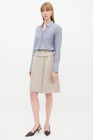 Prada Beige Wool Tacked Pleat Midi Wrap Skirt