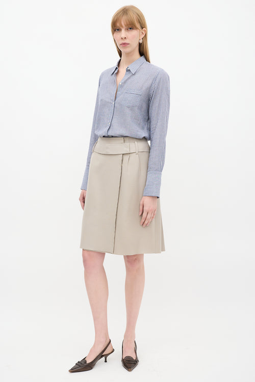 Prada Beige Wool Tacked Pleat Midi Wrap Skirt