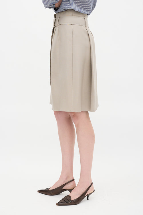 Prada Beige Wool Tacked Pleat Midi Wrap Skirt