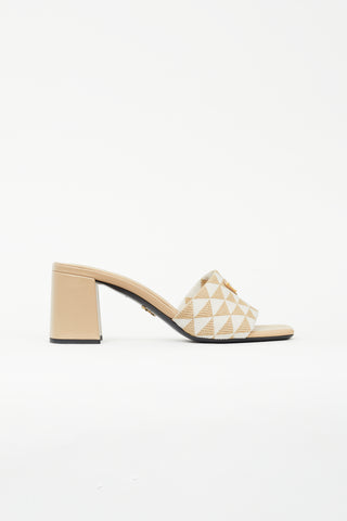 Prada Beige Canvas Embroidered Heeled Sandal