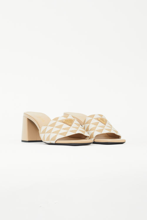 Prada Beige Canvas Embroidered Heeled Sandal