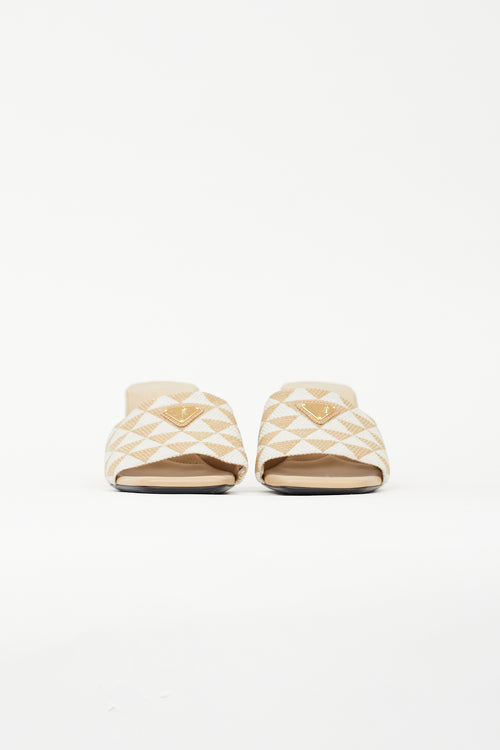 Prada Beige Canvas Embroidered Heeled Sandal