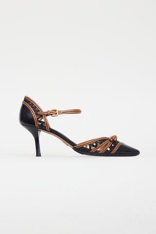 Prada Black 
Brown Leather Bow Heel