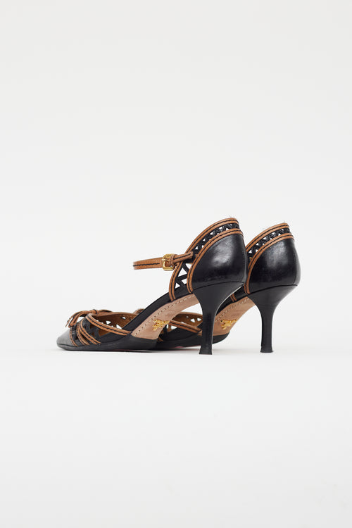 Prada Black 
Brown Leather Bow Heel