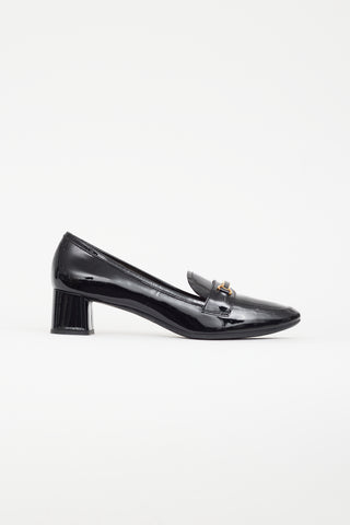 Prada Black 
Gold Patent Leather Pump Loafers