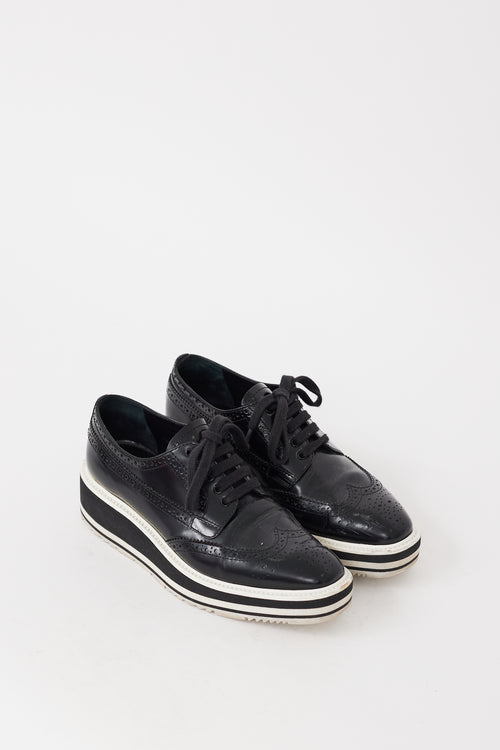 Prada Black 
White Leather Platform Brogue