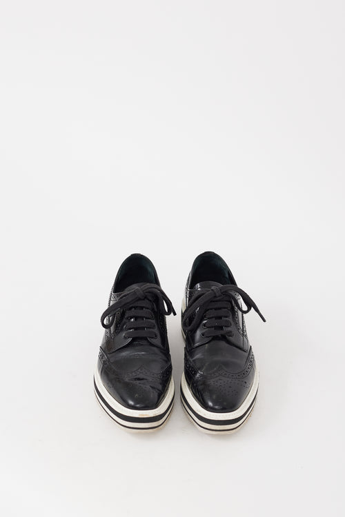 Prada Black 
White Leather Platform Brogue