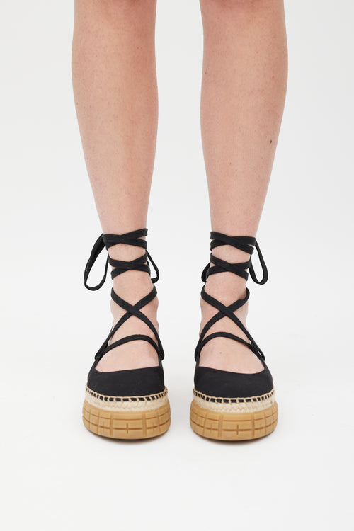 Prada Black 
Beige Flatform Espadrille Sandal