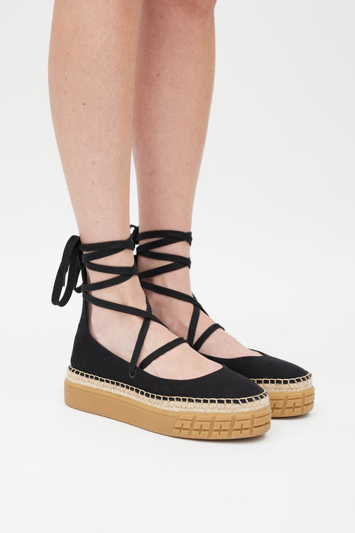 Prada Black 
Beige Flatform Espadrille Sandal