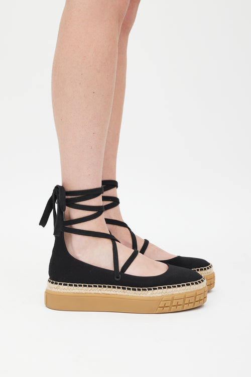 Prada Black 
Beige Flatform Espadrille Sandal