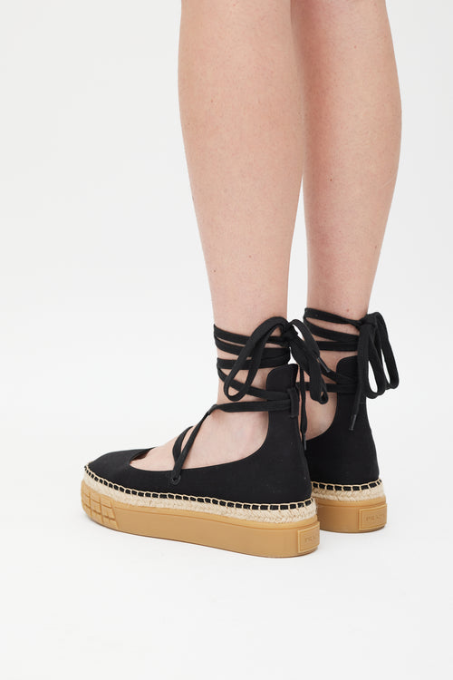 Prada Black 
Beige Flatform Espadrille Sandal