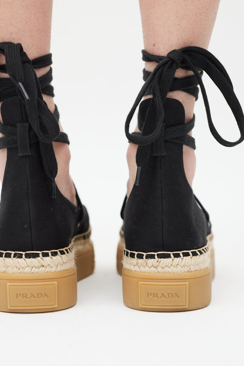 Prada Black 
Beige Flatform Espadrille Sandal