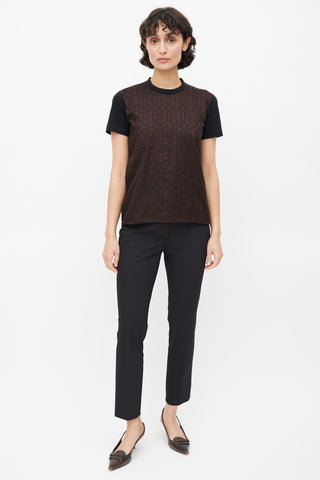 Prada Black 
Brown Geometric Embroidered T-Shirt