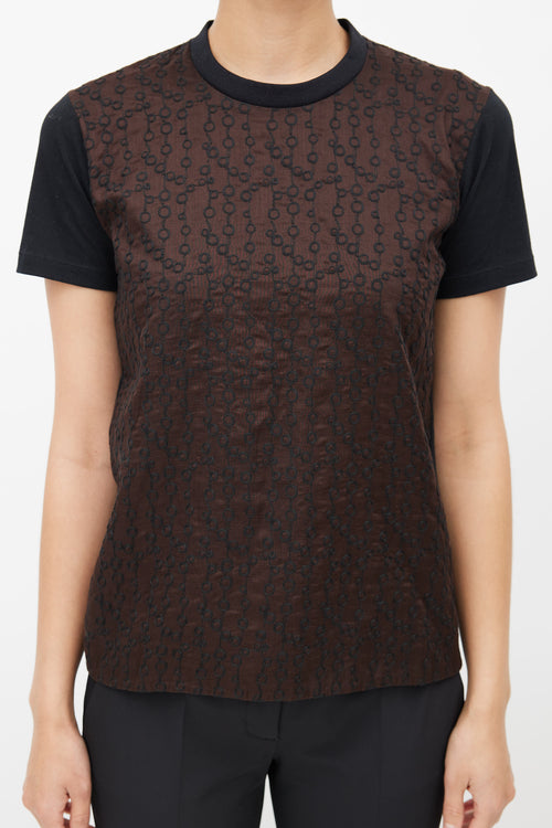 Prada Black 
Brown Geometric Embroidered T-Shirt