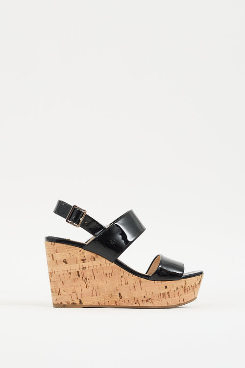 Prada Black 
Brown Patent Cork Wedge Heel