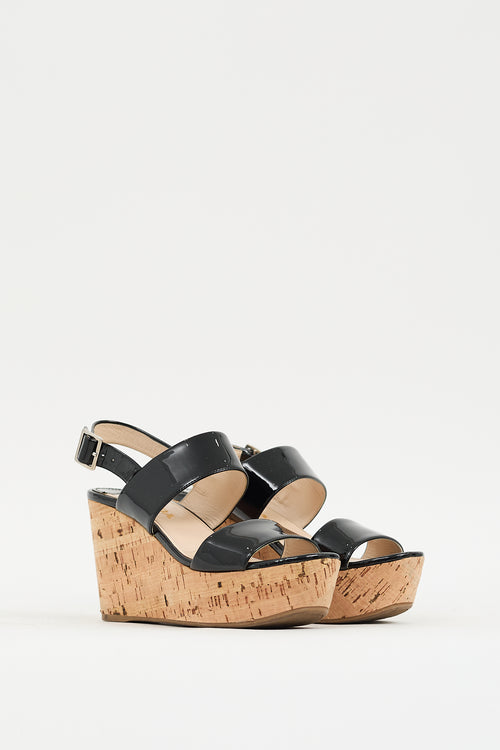 Prada Black 
Brown Patent Cork Wedge Heel