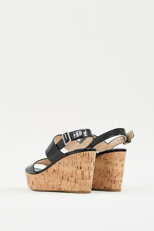 Prada Black 
Brown Patent Cork Wedge Heel