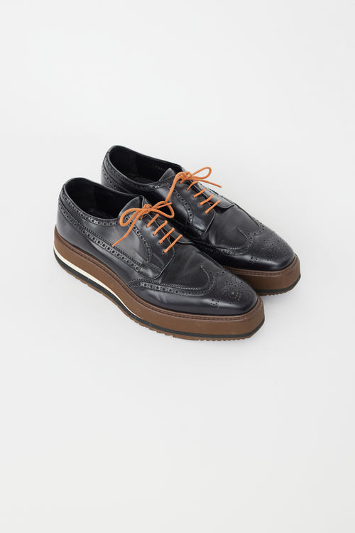 Prada Black 
Brown Leather Brogue Platform Oxford