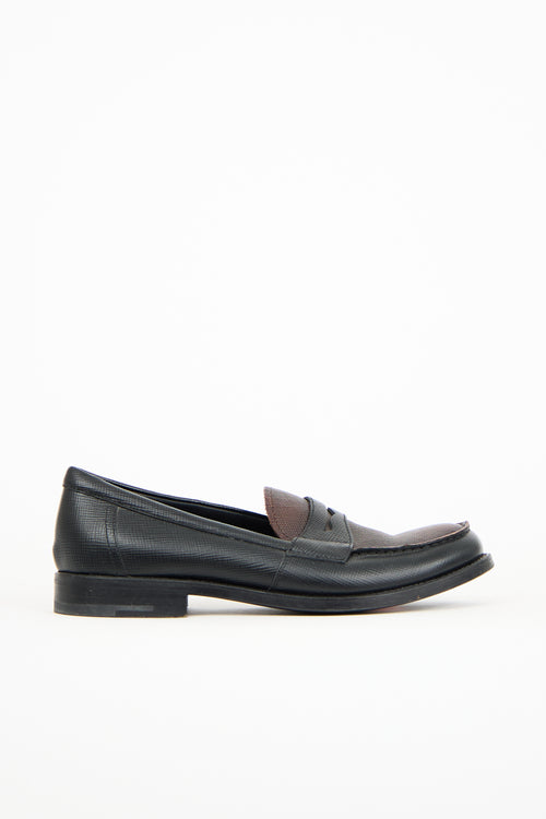 Prada Black 
Brown Textured Leather Penny Loafer