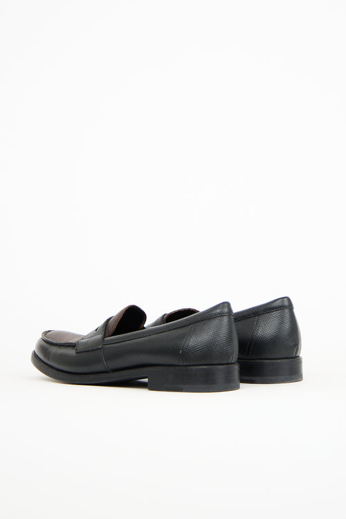 Prada Black 
Brown Textured Leather Penny Loafer